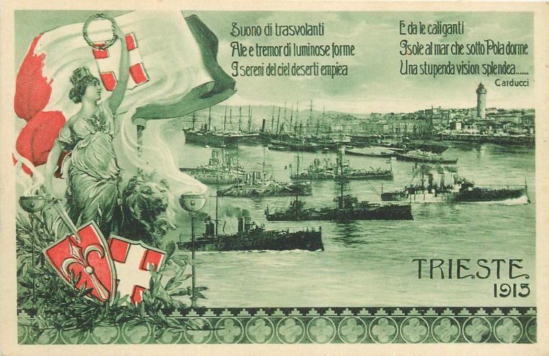 CARTOLINA 1915 TRIESTE IRREDENTISM ITALY PATRIOTIC WAR SHIPS GLORY FLAG CRESTS