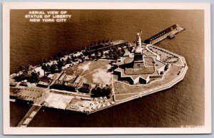 New York City NY 1930s RPPC Real Photo Postcard Aerial View Statue Of Liberty