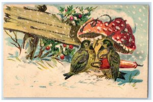 c1910's Birds Mushroom Toadstool Fantasy Holly Berries Winter Glitter Postcard 