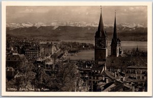 Und Die Alpen Zurich Switzerland Church Tower Mountains Real Photo RPPC Postcard