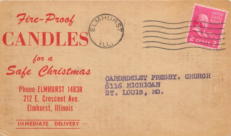 Elmhurst Illinois 1950s Advertising Postcard Fire-Proof Candles for Christmas