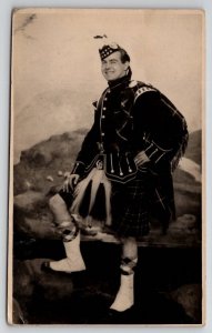 RPPC Handsome Man Big Smile In Scotland Highlander Costume Postcard B40