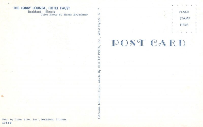 Hotel Faust Lobby Lounge Green Chairs Rockford Illinois Color View Pub. Postcard