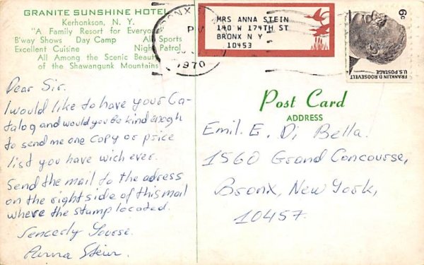 Granite Sunshine Hotel Kerhonkson, New York Postcard
