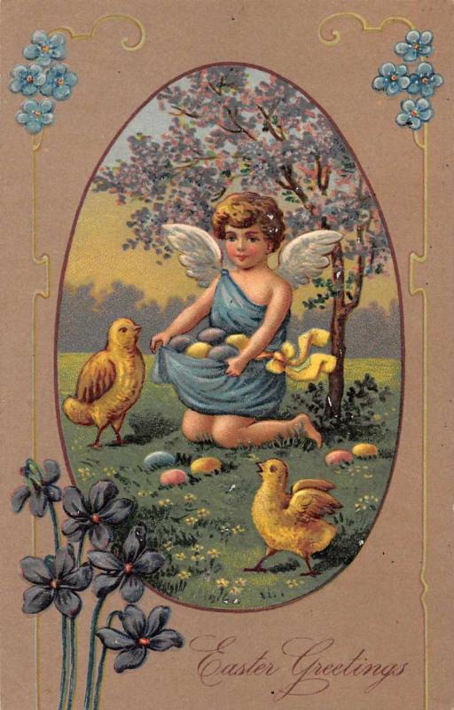 Easter Greetings Angel with Chicks and Eggs Antique Postcard J47114