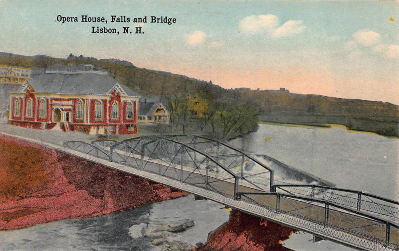 Opera House, Falls & Bridge, Lisbon, New Hampshire, Early Postcard, Unused