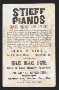 VICTORIAN TRADE CARD Stieff Pianos Roses & Bird