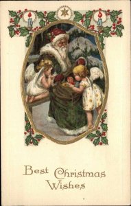 Christmas Santa Claus Green Coat Angel Children Winsch Back c1910 Postcard