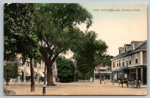 Hand Colored   Post Office Square  Sharon Massachusetts  Postcard  1911