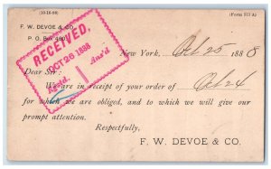 1888 F.W. Devoe & Co. New York City NY Philadelphia PA Antique Postal Card