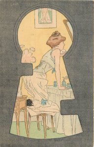 French Art Postcard Lovely Lady in Boudoir Through Keyhole Vignette Unposted UDB
