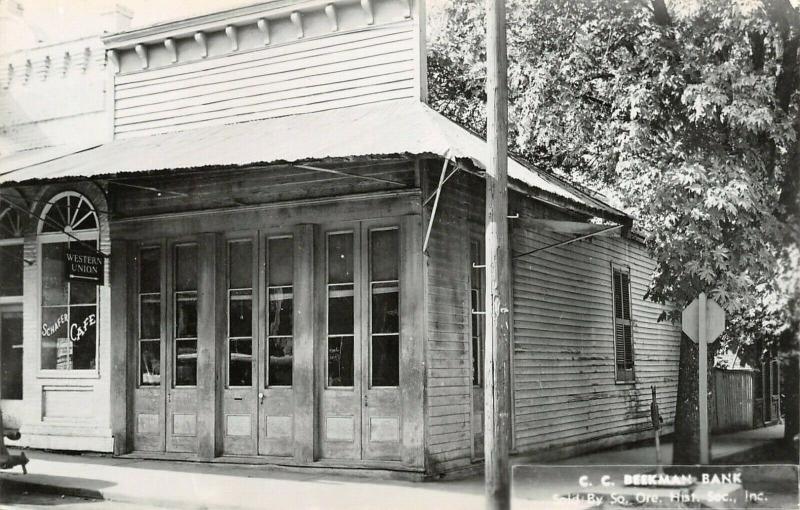 Jacksonville Oregon~CC Beekman Wells Fargo Bank~Schafer Cafe~1950s RPPC 