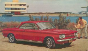 1963 Corvair Monza Club Coupe, Red,  Beach, Man & Boy Fishing Postcard