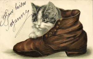 PC CATS, CAT IN A BOOT, Vintage EMBOSSED Postcard (b47038)