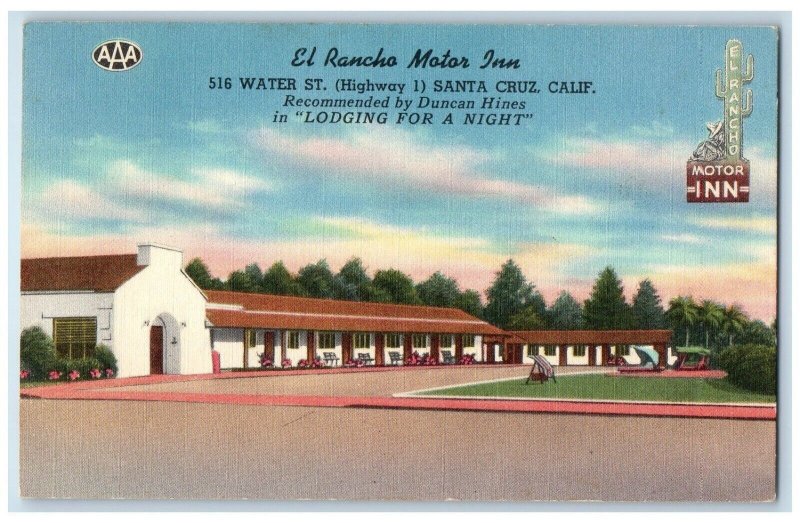 1952 El Rancho Motor Inn Water Street Highway Santa Cruz California CA Postcard