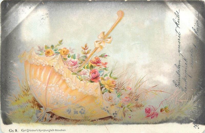 Karl Stucker`s signed vintage 1899 postcard flowers floral umbrella fantasy