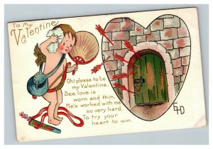 Vintage 1917 Valentines Postcard Cupid Fires Arrows in Front Door Heart