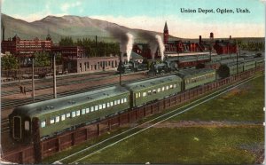 Postcard Utah Ogden Union Depot Railroad Trains Curt Teich 1913 V202