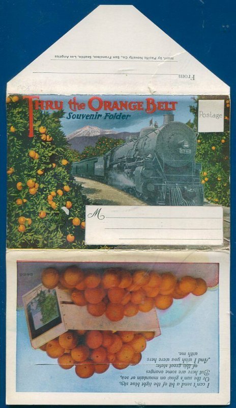 Thru the Orange Belt steam locomotive groves California travel postcard folder