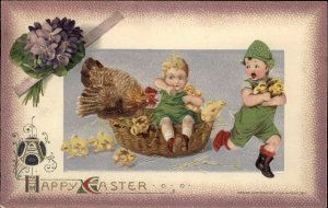 Winsch Easter Cute Kids Scared from Chicks by Mother Hen c1910 Vintage Postcard