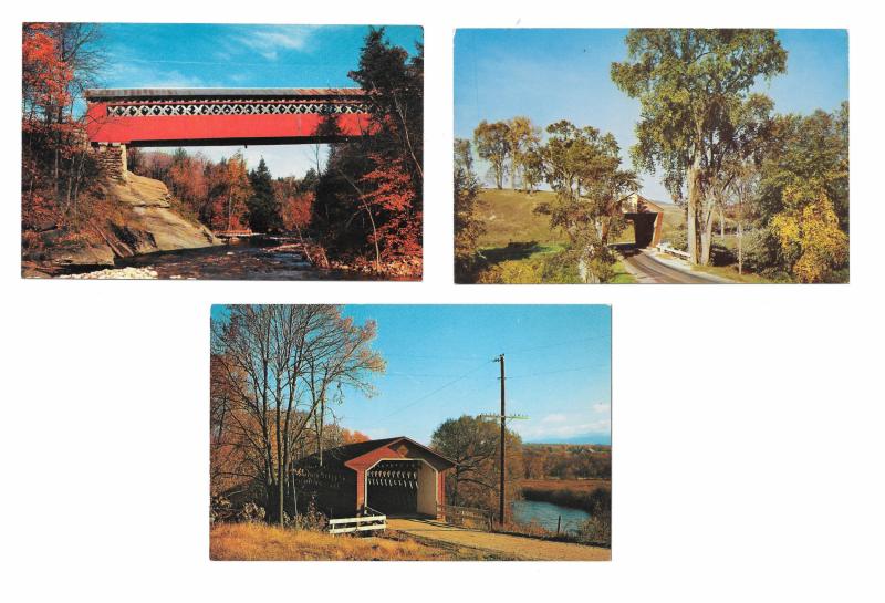 3 Vermont Covered Bridges Pittsford Chiselville Bennington Vintage Postcards