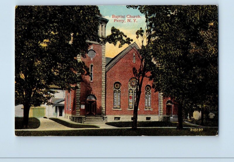 Perry New York NY Postcard Baptist Church Building Exterior Trees 1910 Unposted