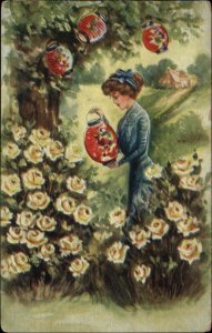 Beautiful Woman in Garden with Chinese Japanese Lanterns c1910 Vintage Postcard