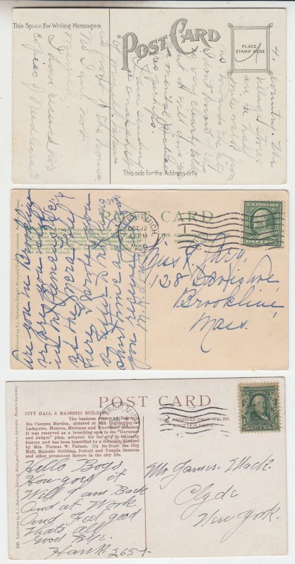 P2070  3 dif old postcard woodward ave detroit mich 2 dated 1909 stamps