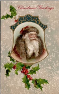 Father Christmas Santa Claus Beautiful Brown Suit Golden Bell Postcard X19