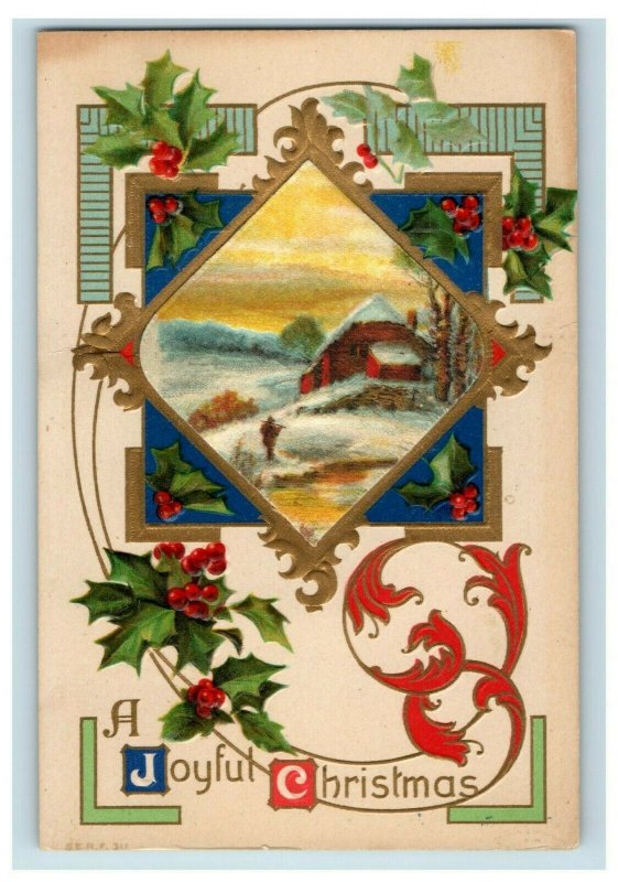 c.1910s Joyful Christmas Graphical Holly Berries Snow Postcard F74