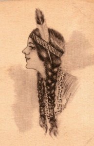 Vintage 1910's Artist Signed Postcard Young Beautiful Indian Maiden Portrait