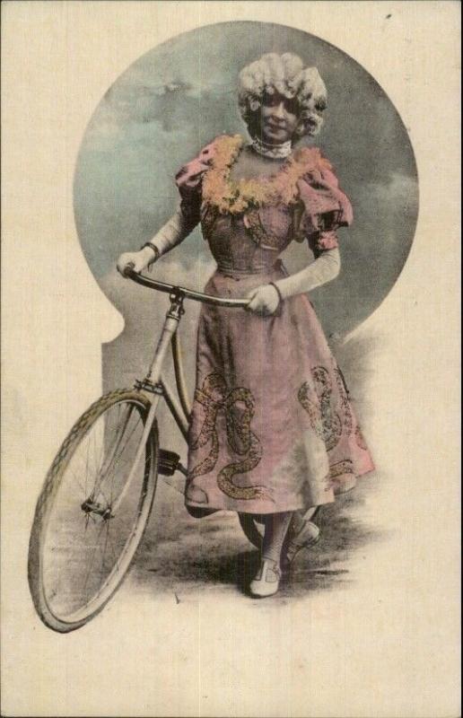Beautiful Woman in Wig w/ Bicycle c1910 Postcard