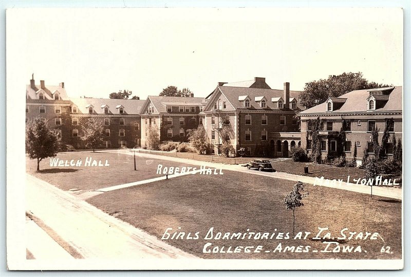 VTG Postcard RPPC Real Photo Iowa State College Girls Dorms Ames IA Hall Car A5