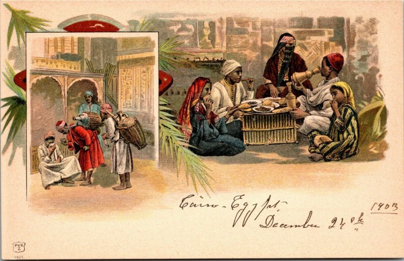 Egypt Cairo VINTAGE POSTCARD - 1903 - COLOR - EATING FOOD CARTE POSTE