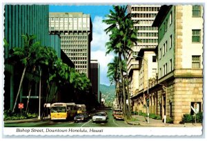 Bishop Street Downtown Honolulu Hawaii HI, Buses Cars Buildings Vintage Postcard