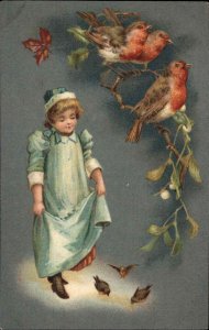 Little Girl with European Robins Song Birds c1910 Vintage Postcard