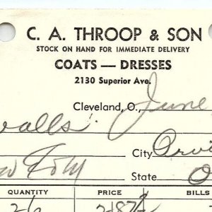 1939 C.A. THROOP & SON COATS-DRESSES CLEVELAND OHIO BILLHEAD STATEMENT Z3448