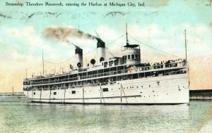 Vintage Card Steamship Theodore Roosevelt Entering Harbor Michigan City,Ind. G1