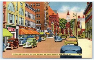 BURLINGTON, VT Vermont ~ CHURCH STREET Scene 30s Cars Chittenden County Postcard