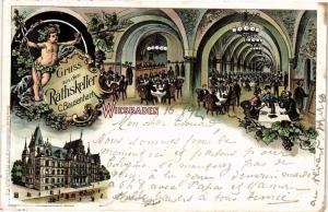 GERMANY 1897 VORLAUFER LITHO PC Gruss aus dem Rathskeller Wiesbaden (a162)