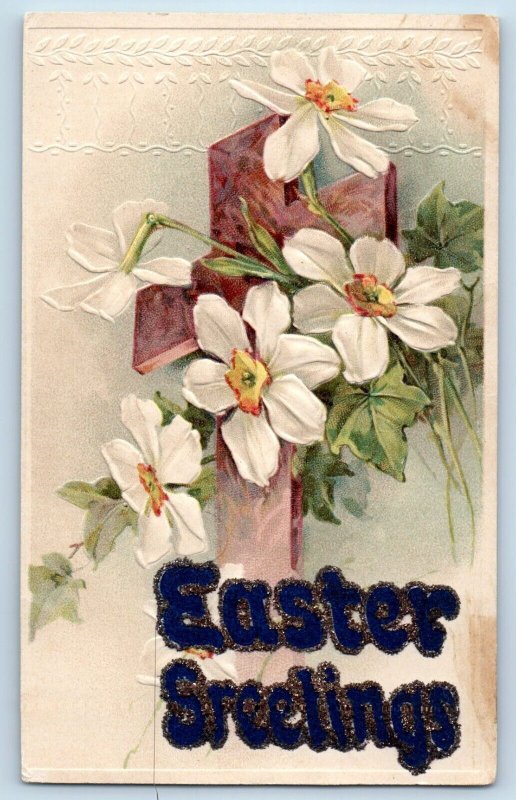 Cottonwood Minnesota MN Postcard Easter Greetings Holy Cross Flowers Glitter