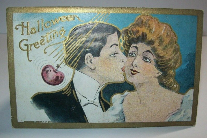 Vintage Halloween Postcard Kissing Couple Embossed Antique Original Gold Border