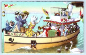 Mainzer Cats Dressed CATS & KITTENS on a BOAT with Music #4911 Belgium Postcard
