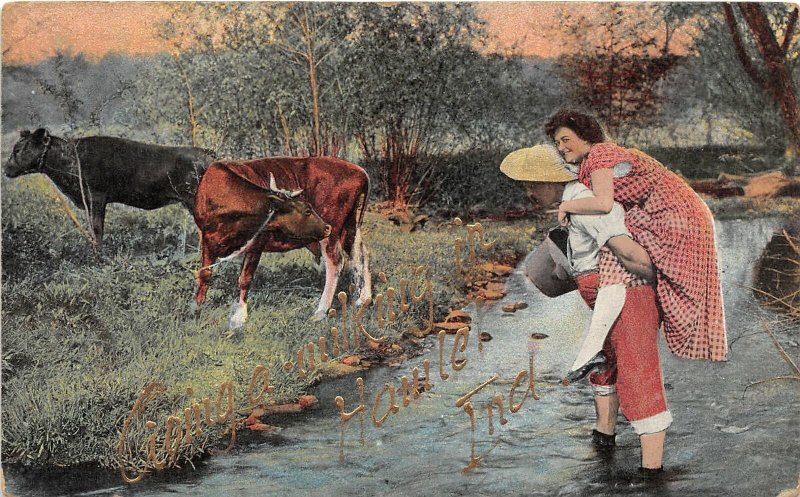 F93/ Hamler Indiana Postcard 1910 Milking Cow Greetings Love