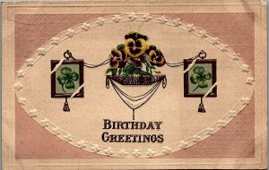 1911 BIRTHDAY GREETINGS 4 LEAF CLOVERS VIOLET EMBOSSED POSTCARD 39-35