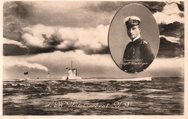 German Navy SM U9 Submarine Postcard Commander Weddigen WWI