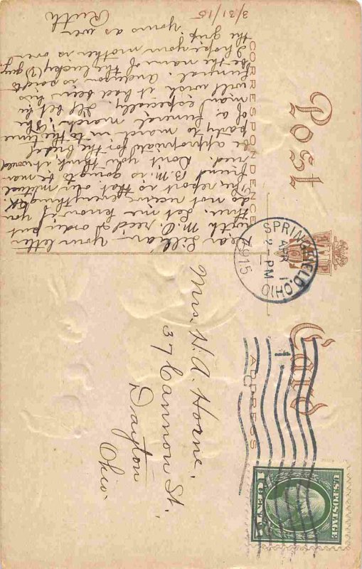 Boy with Egg Bunny Easter Greetings Artist Signed Edith Dewees 1915 postcard