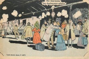 French army military humor comic caricature train station goodbye hug embrace