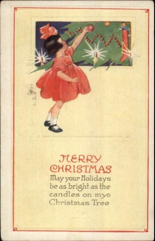 Little Girl Decorating Tree c1910 Christmas Postcard rpx