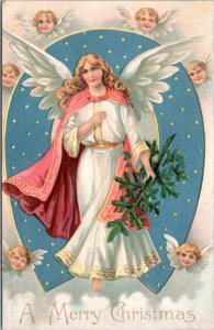 Postcard Christmas Angel pink cape with branch cherubs on blue starry horseshoe